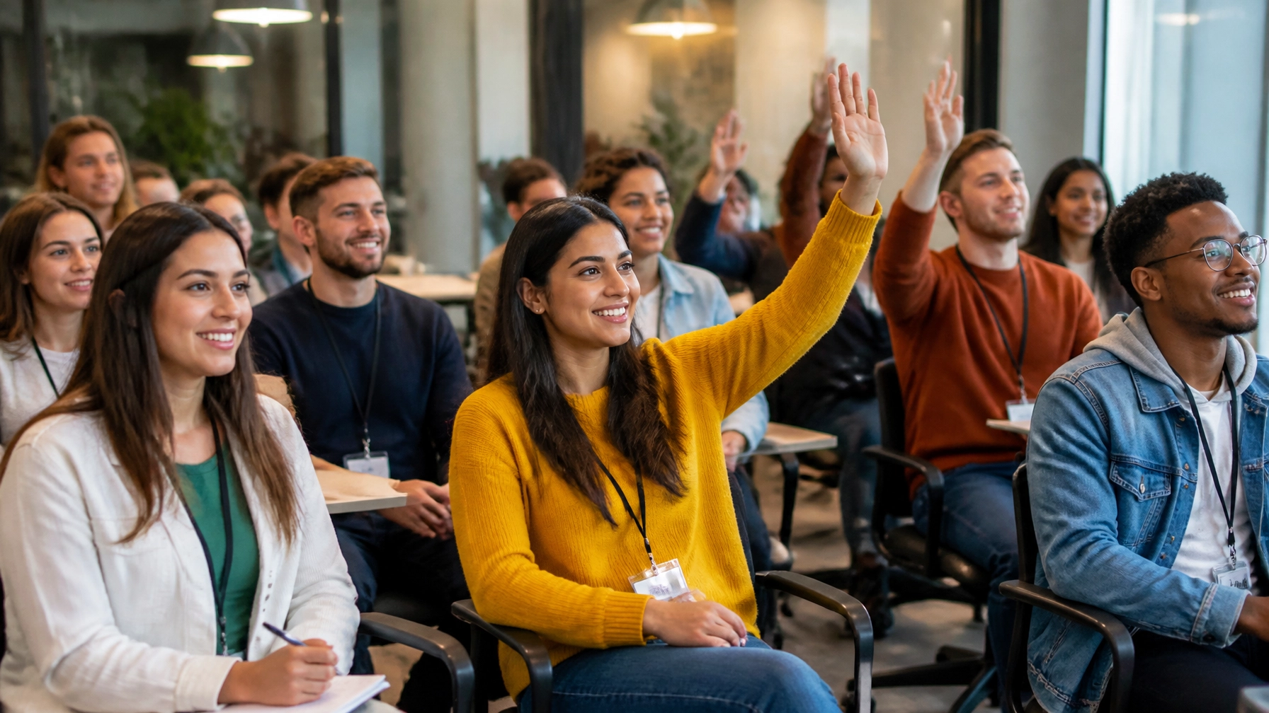 KPMG interns in colourful clothing during an early careers training exercise in a classroom built for the AI era