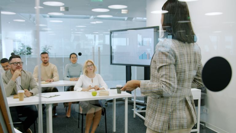 Businesswoman presenting to attentive audience in a modern office.