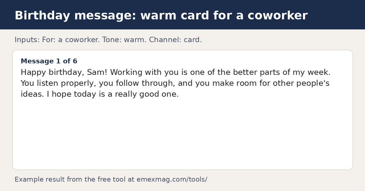 Example birthday message from the free builder: warm tone, for a coworker