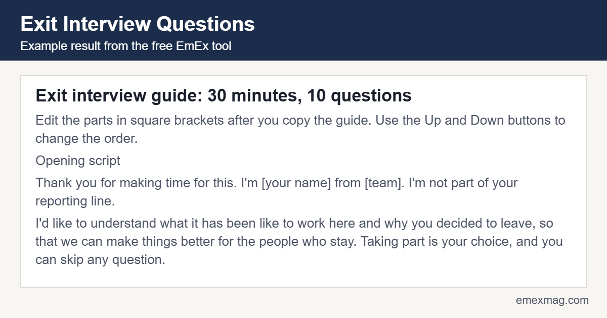 Example result from the free exit interview questions tool: Exit interview guide: 30 minutes, 10 questions