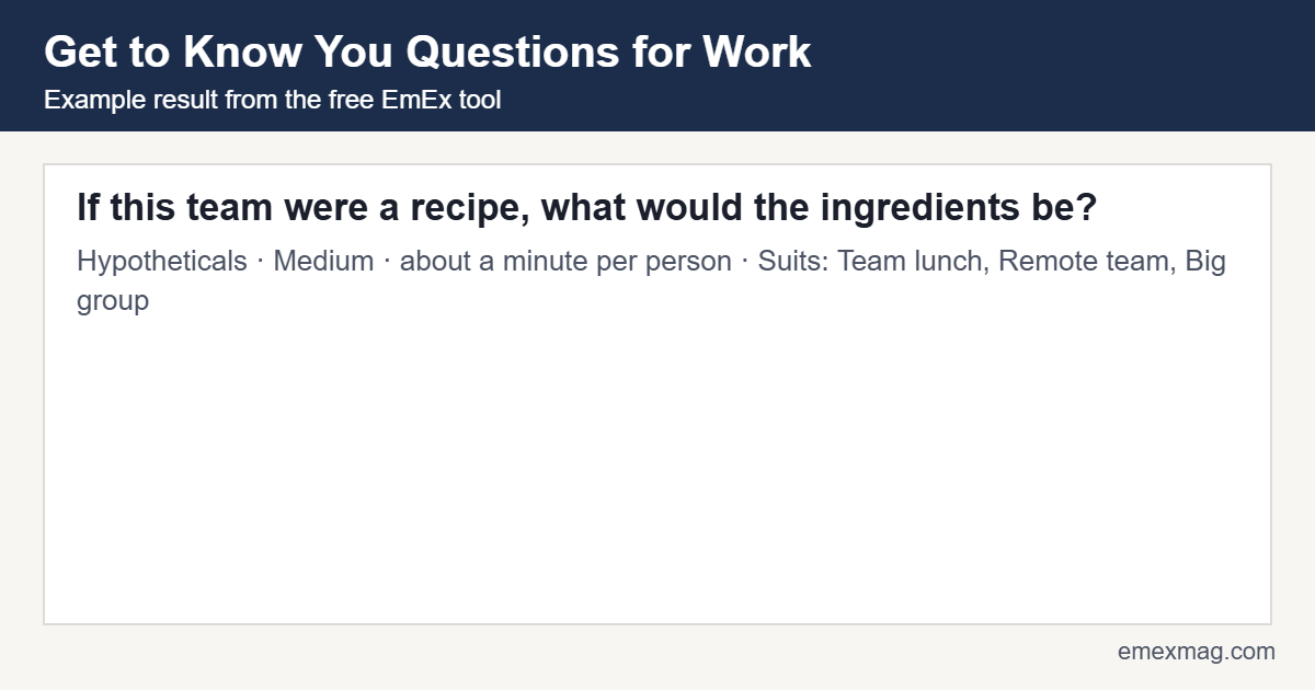 Example result from the free get to know you questions for work tool: If this team were a recipe, what would the ingredients be?