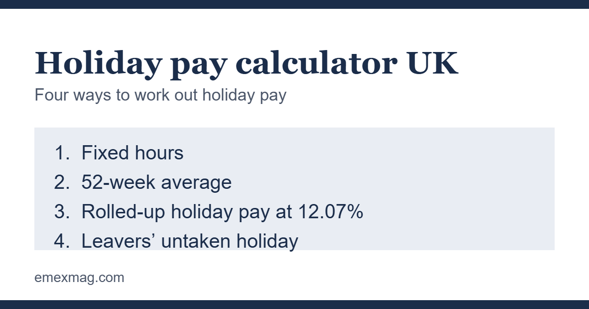 Holiday pay calculator UK: fixed hours, 52-week average, rolled-up holiday pay at 12.07% and leavers’ untaken holiday