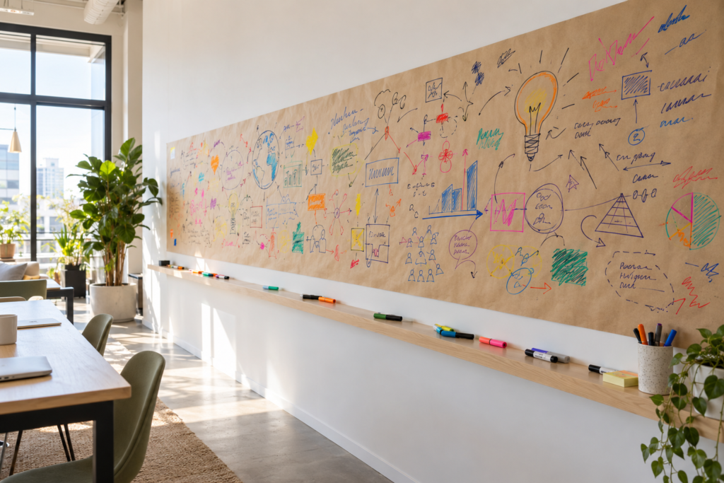 Long sheet of brown paper on an office wall covered in colourful marker drawings, with a shelf of markers below