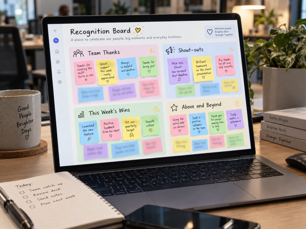 Laptop on an office desk showing an online recognition board with coloured thank-you notes in four groups