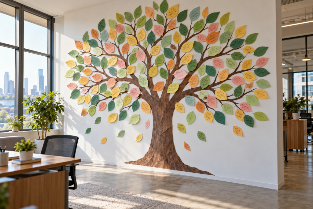 Thank-you tree on an office wall, with paper leaves carrying handwritten notes on its branches
