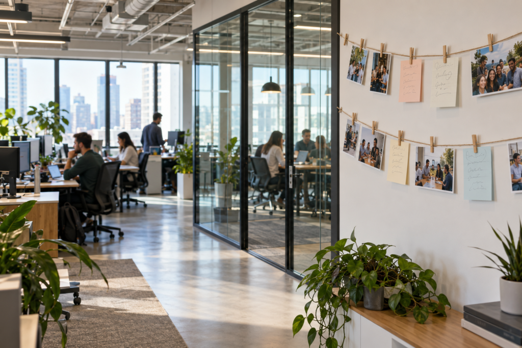 Twine lines on an office wall with wooden pegs holding team photos and handwritten notes