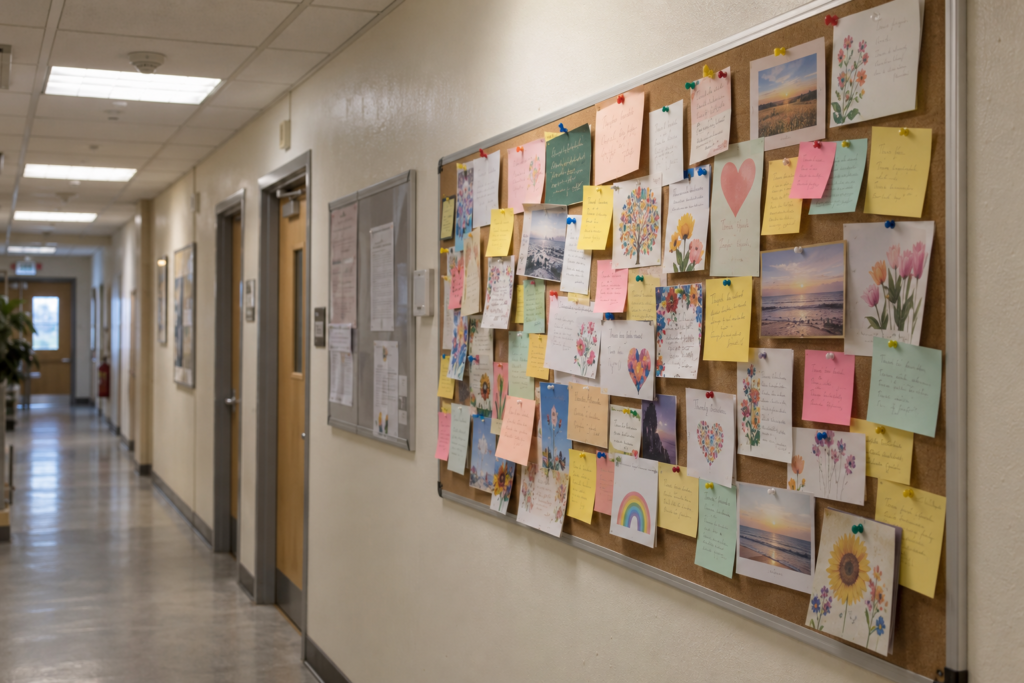 Office corridor pinboard covered in thank-you cards, sticky notes and photos