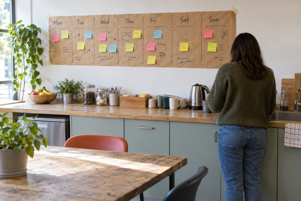 Brown paper wall planner in a break area with a column for each day of the week and sticky notes on it