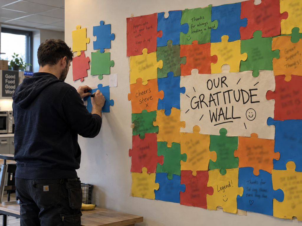 Colourful paper puzzle pieces with handwritten thank-you notes fitted together on an office wall, with a person writing on a new piece