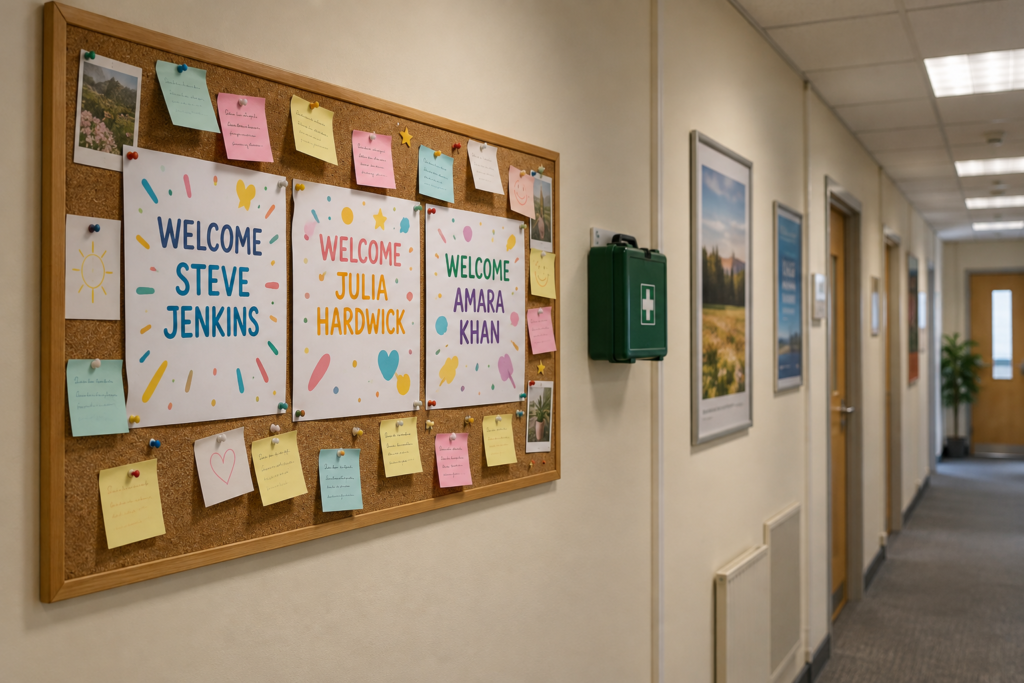 Corkboard in an office corridor with three welcome posters for new starters and sticky notes around them