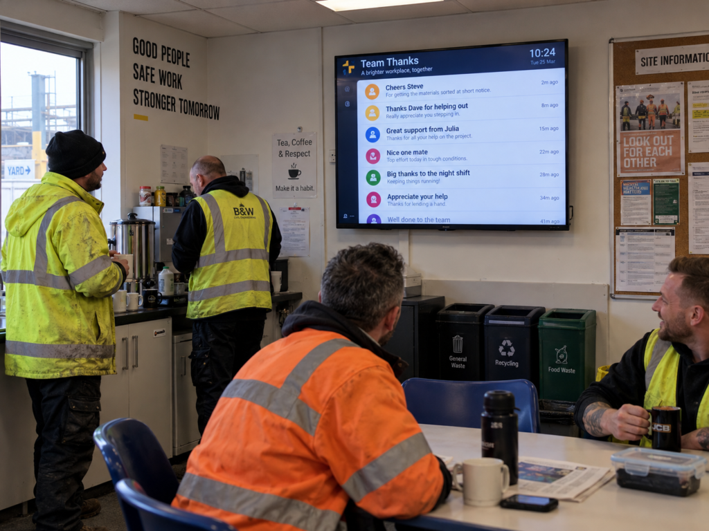 Wall-mounted screen in a break room showing a list of thank-you messages while workers have tea and coffee