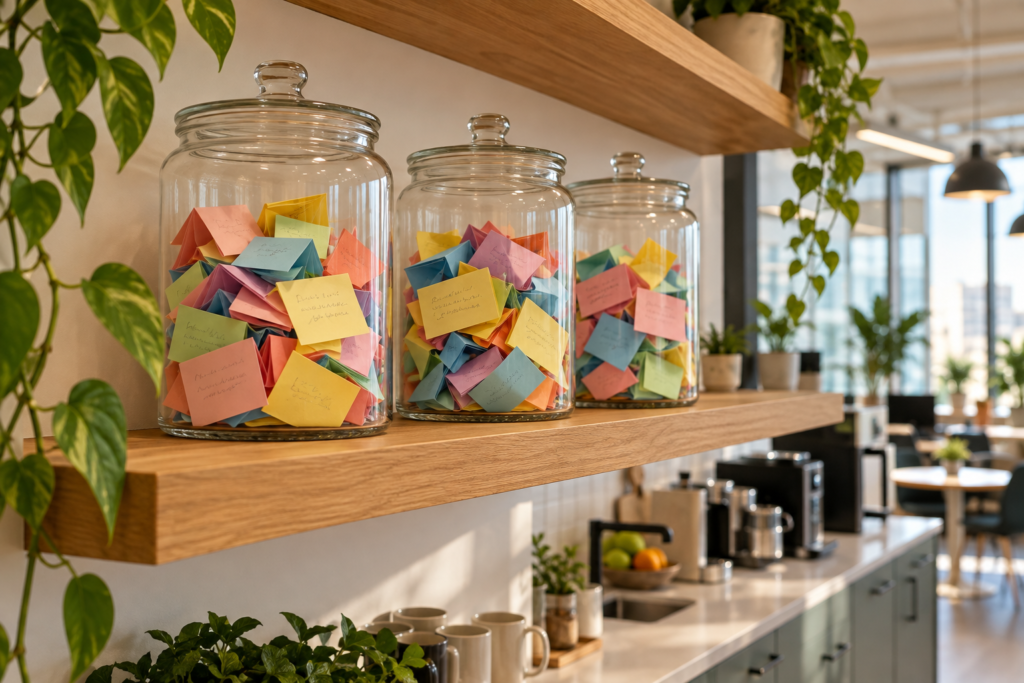 Three glass jars on a wooden shelf in an office kitchen, filled with folded colourful thank-you notes