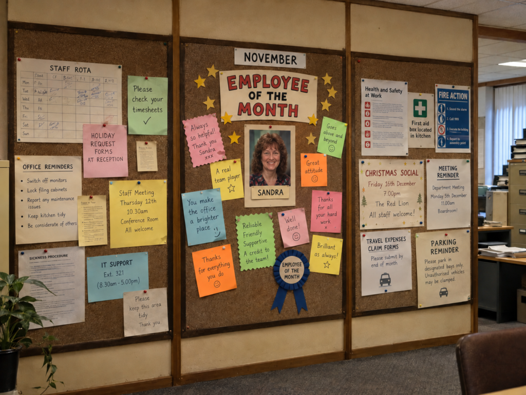Office noticeboard with an Employee of the Month display, a photo of a smiling colleague and colourful thank-you notes around it