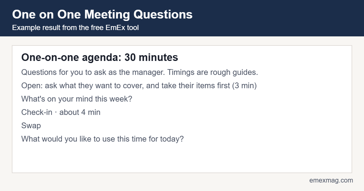 Example result from the free one on one meeting questions tool: One-on-one agenda: 30 minutes