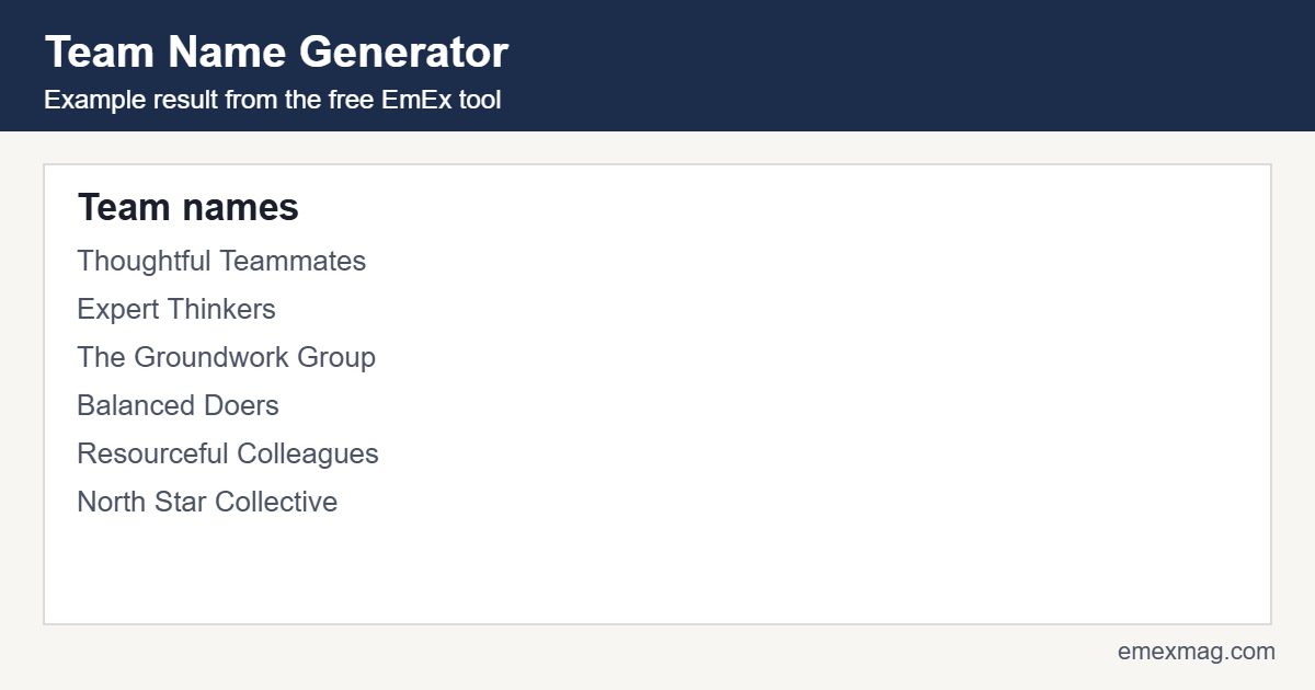 Example result from the free team name generator tool: Team names