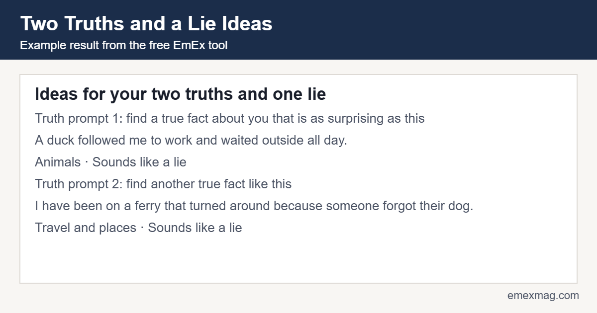 Example result from the free two truths and a lie ideas tool: Ideas for your two truths and one lie
