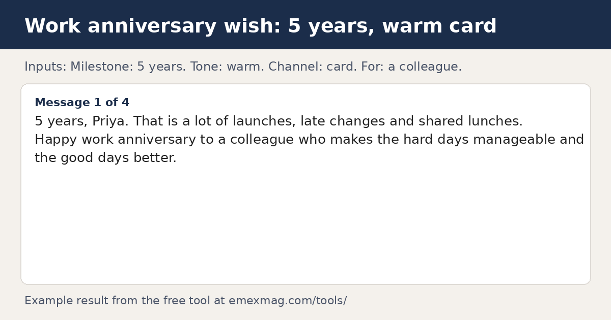 Example work anniversary wish from the free builder: 5 years, warm tone, for a colleague